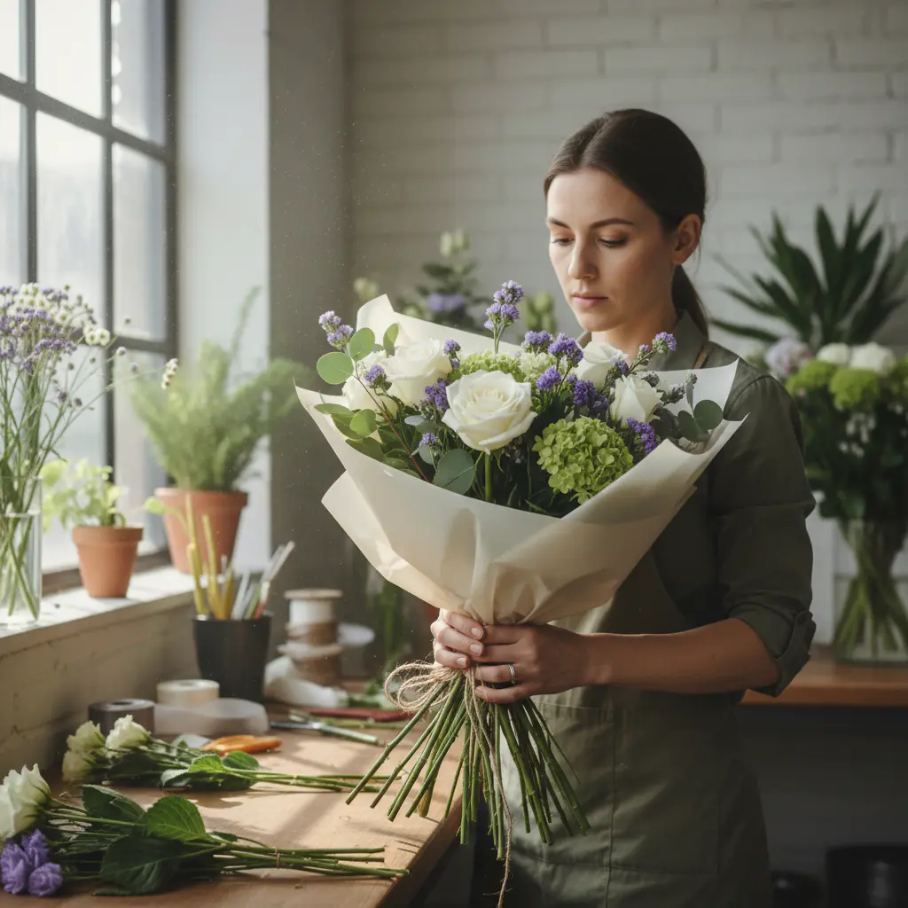 Florist wrapping a fresh bouquet in the studio