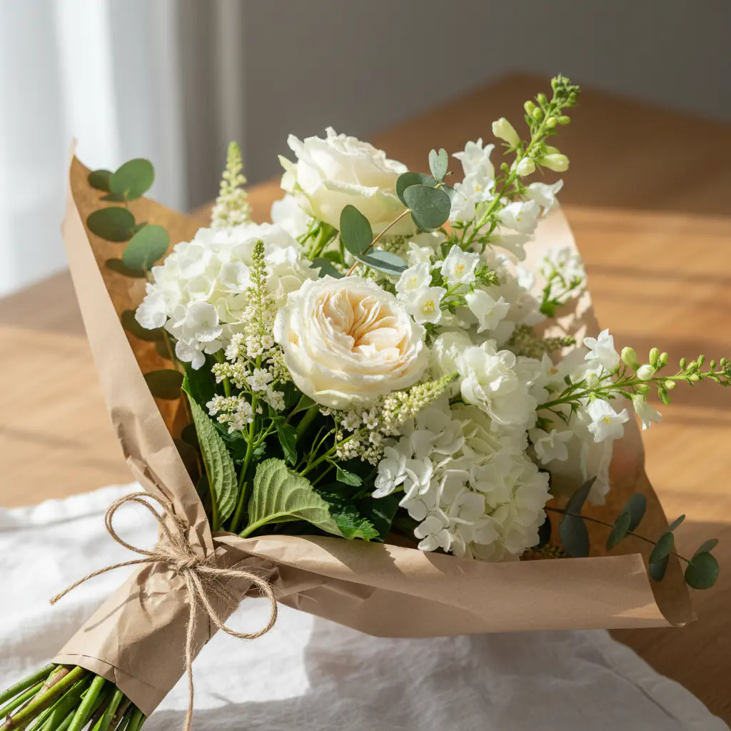 A fresh bouquet wrapped in natural paper