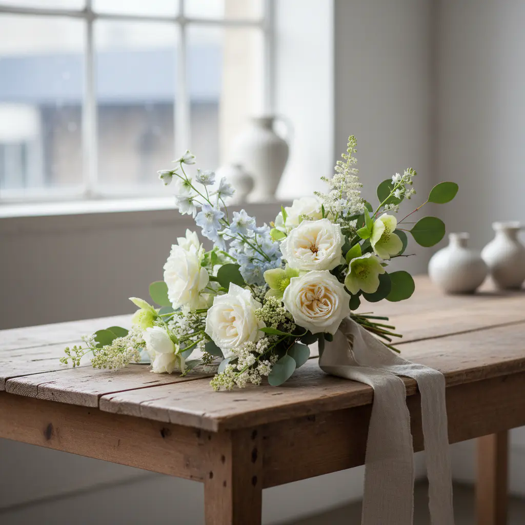 Finished bespoke bouquet on a studio table