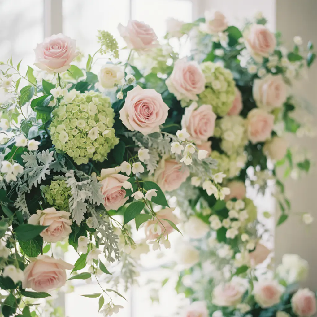 Soft pink and green floral arrangement backdrop