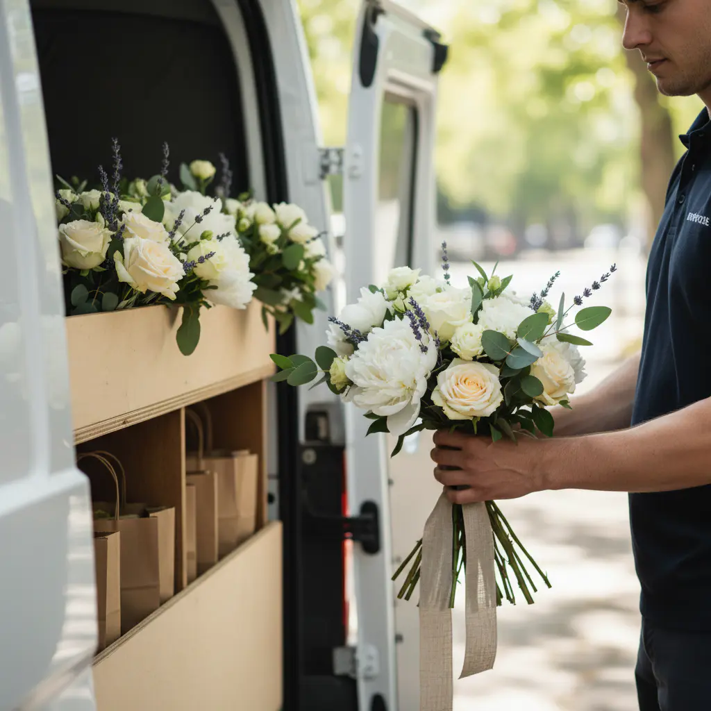 A beautifully crafted floral arrangement being prepared by a courier