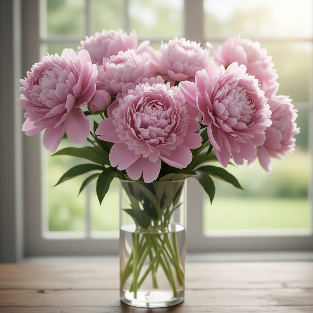 Lush pink peonies arranged in a glass vase