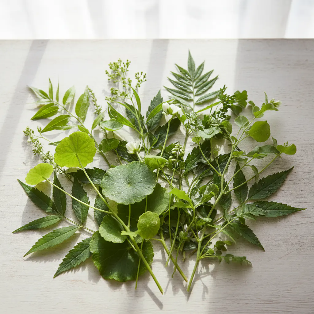 Overhead view of scattered stems and leaves