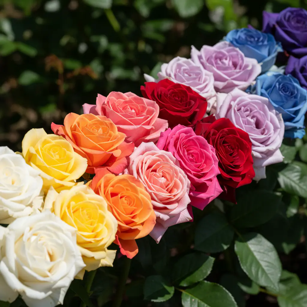 A gradient array of different colored roses