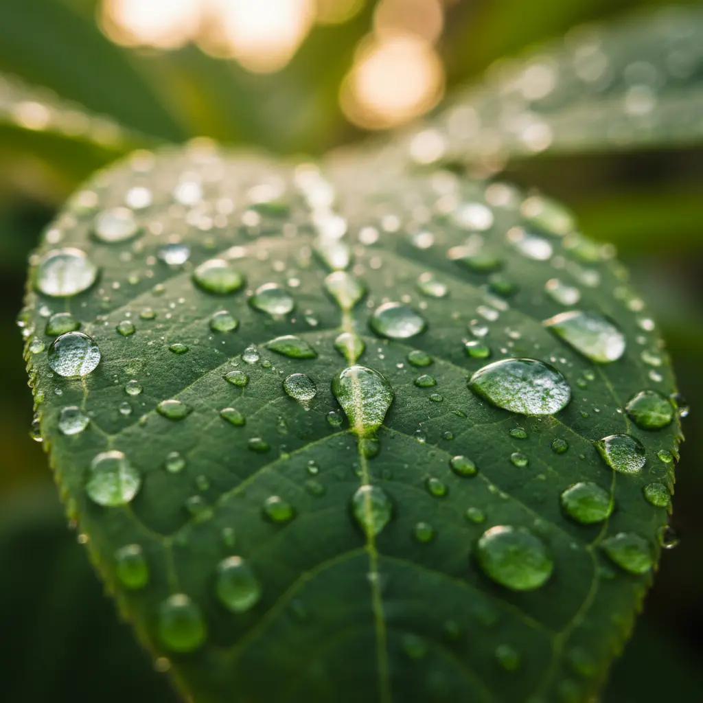 Close up of water drops on a green leaf